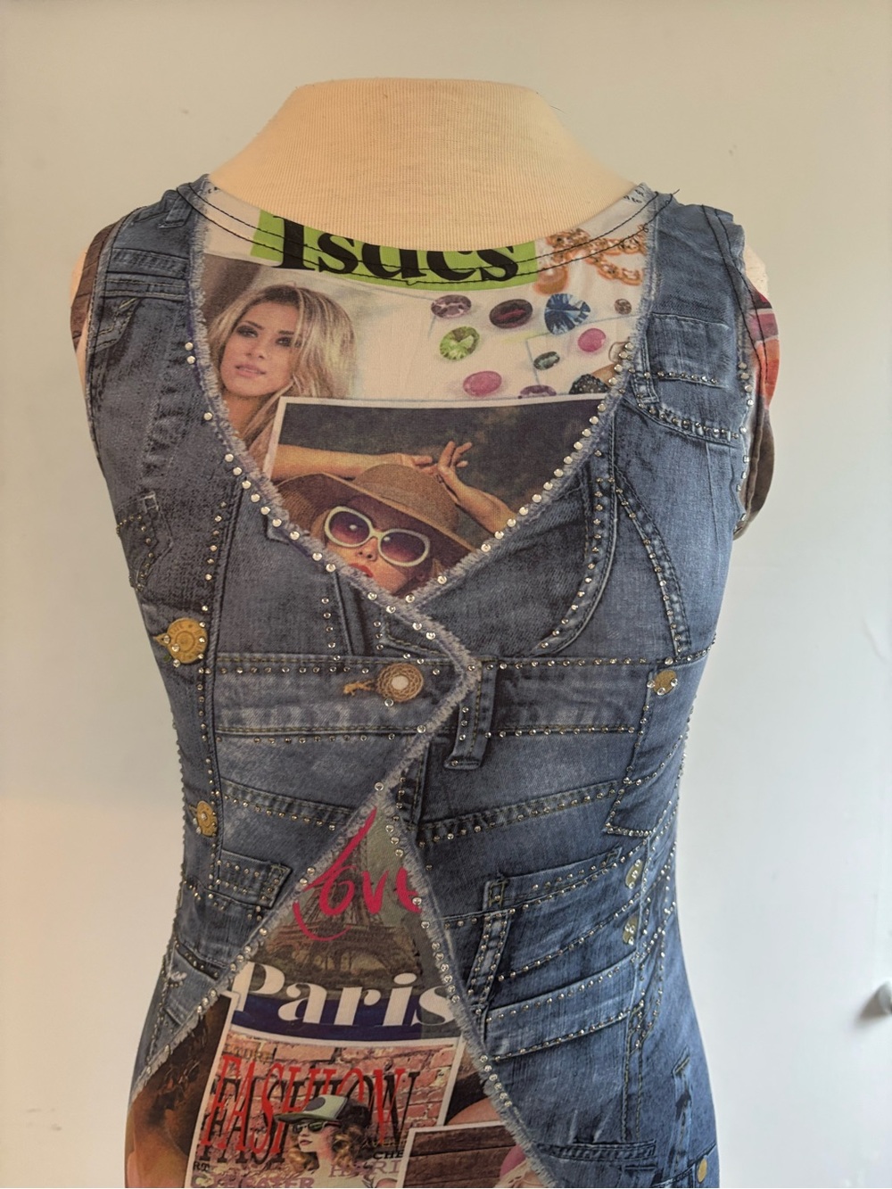 Sleeveless Mini Dress with Faux Denim Vest & Magazine Print - Blue Multi - Picture 3 of 5